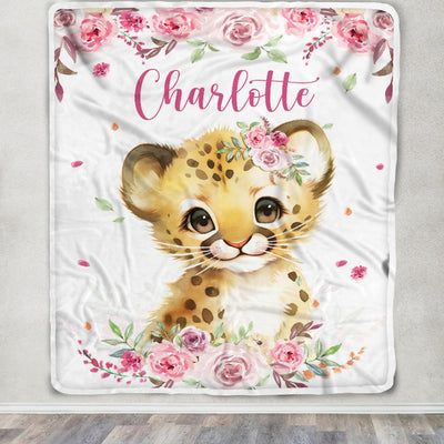 Personalized Custom Baby Blanket With Name Girl Lion Newborn Pink Flower Baby Girl Children Kid Daughter Granddaughter Niece Birthday Christmas Fleece Blanket | siriusteestore