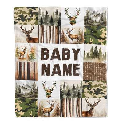 Personalized Custom Baby Shower Blanket With Name Deer Camo Forest Buck Trees Hunting Theme Nursery Boy Gifts For Birthday Christmas Customized Fleece Blanket | siriusteestore