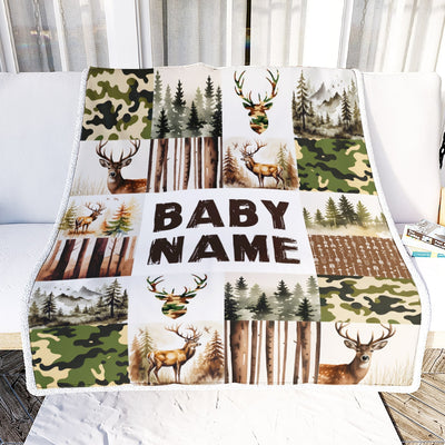 Personalized Custom Baby Shower Blanket With Name Deer Camo Forest Buck Trees Hunting Theme Nursery Boy Gifts For Birthday Christmas Customized Fleece Blanket | siriusteestore
