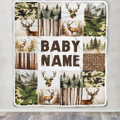 Personalized Custom Baby Shower Blanket With Name Deer Camo Forest Buck Trees Hunting Theme Nursery Boy Gifts For Birthday Christmas Customized Fleece Blanket | siriusteestore