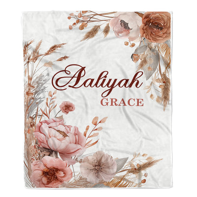Personalized Custom Boho Floral Baby Shower Blanket For Girls With Name Dried Flowers Roses Nursery Theme Bedding Gift Birthday Girls Christmas Fleece Blanket | siriusteestore