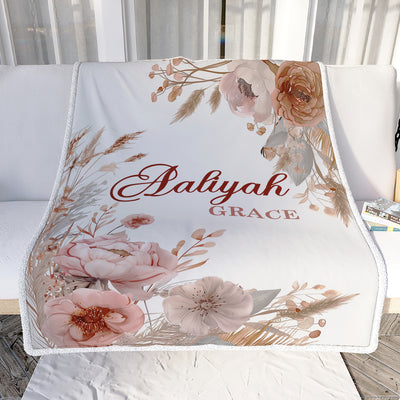 Personalized Custom Boho Floral Baby Shower Blanket For Girls With Name Dried Flowers Roses Nursery Theme Bedding Gift Birthday Girls Christmas Fleece Blanket | siriusteestore