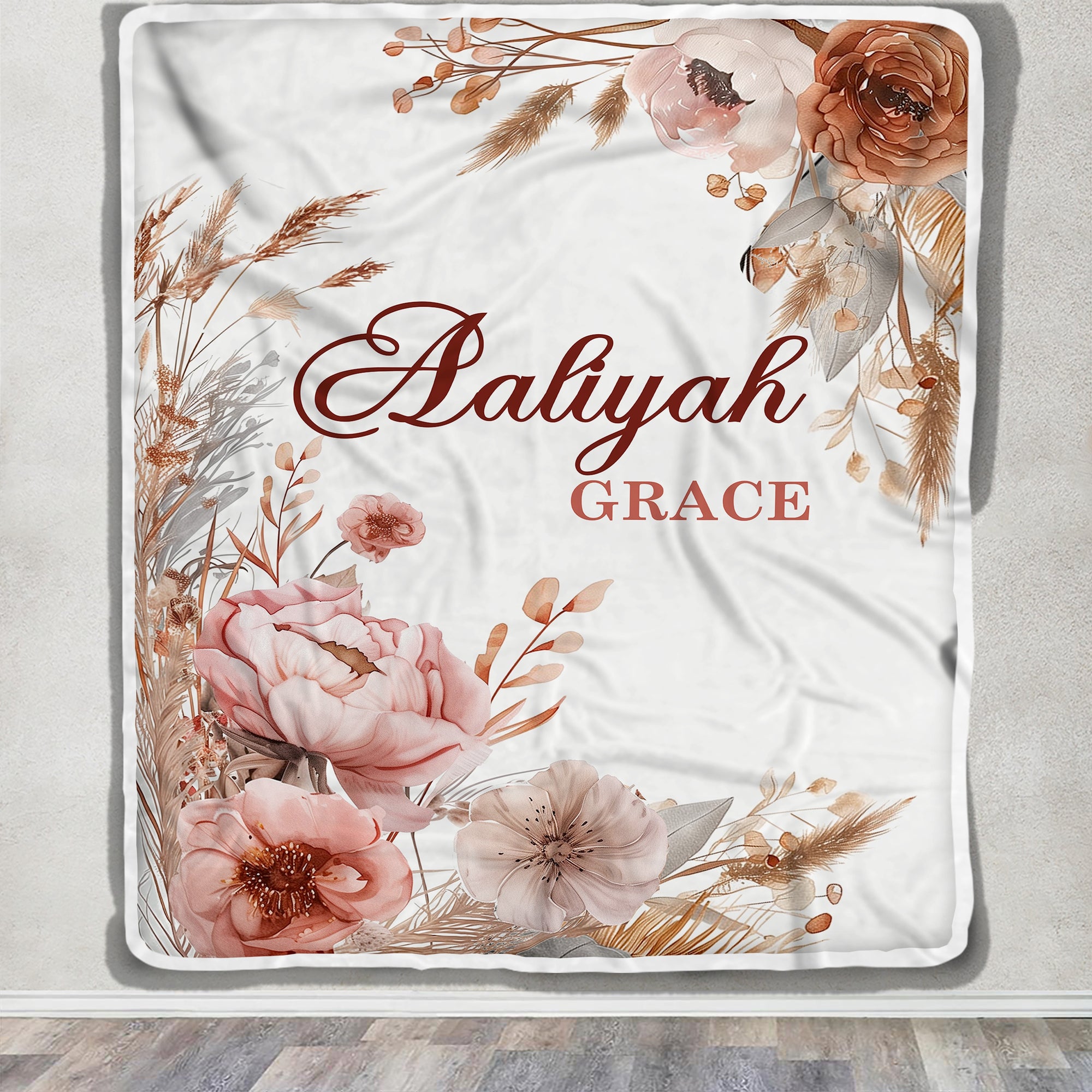 Personalized Custom Boho Floral Baby Shower Blanket For Girls With Name Dried Flowers Roses Nursery Theme Bedding Gift Birthday Girls Christmas Fleece Blanket | siriusteestore