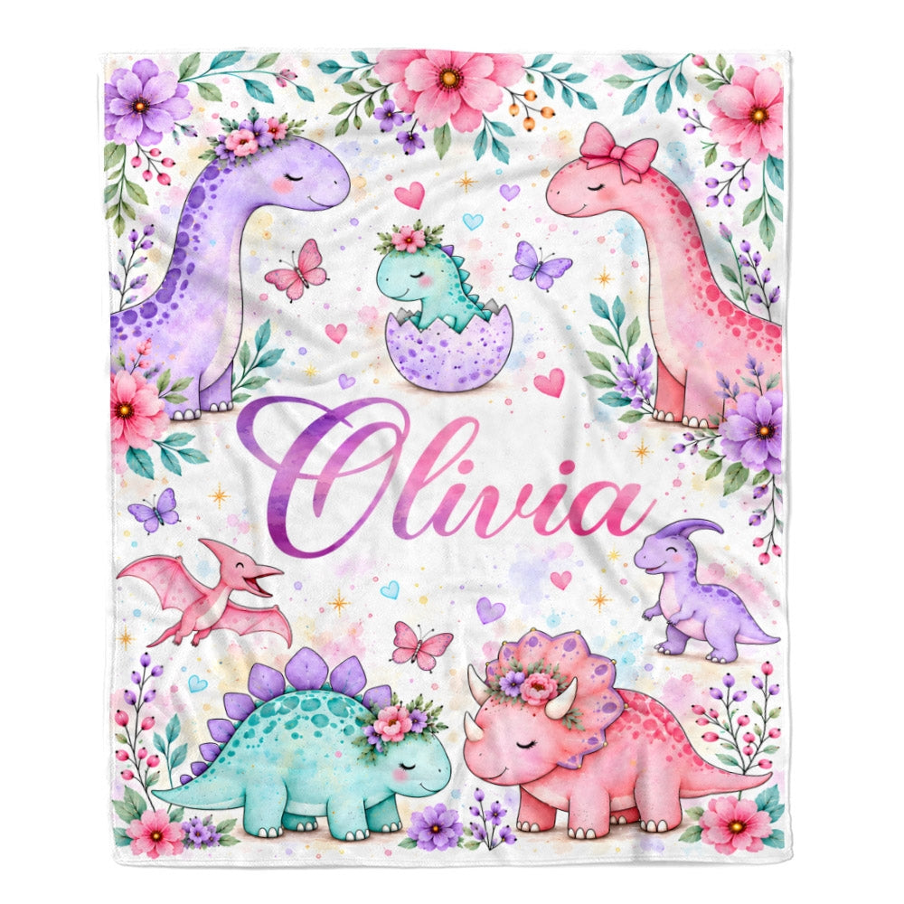 Personalized Custom Name Dinosaur Blanket Soft Cute Pastel Dino Floral Throw For Girls Kids Daughter Niece Baby Nursery Birthday Christmas Fleece Throw Blanket | siriusteestore
