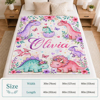 Personalized Custom Name Dinosaur Blanket Soft Cute Pastel Dino Floral Throw For Girls Kids Daughter Niece Baby Nursery Birthday Christmas Fleece Throw Blanket | siriusteestore