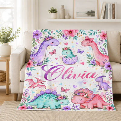 Personalized Custom Name Dinosaur Blanket Soft Cute Pastel Dino Floral Throw For Girls Kids Daughter Niece Baby Nursery Birthday Christmas Fleece Throw Blanket | siriusteestore