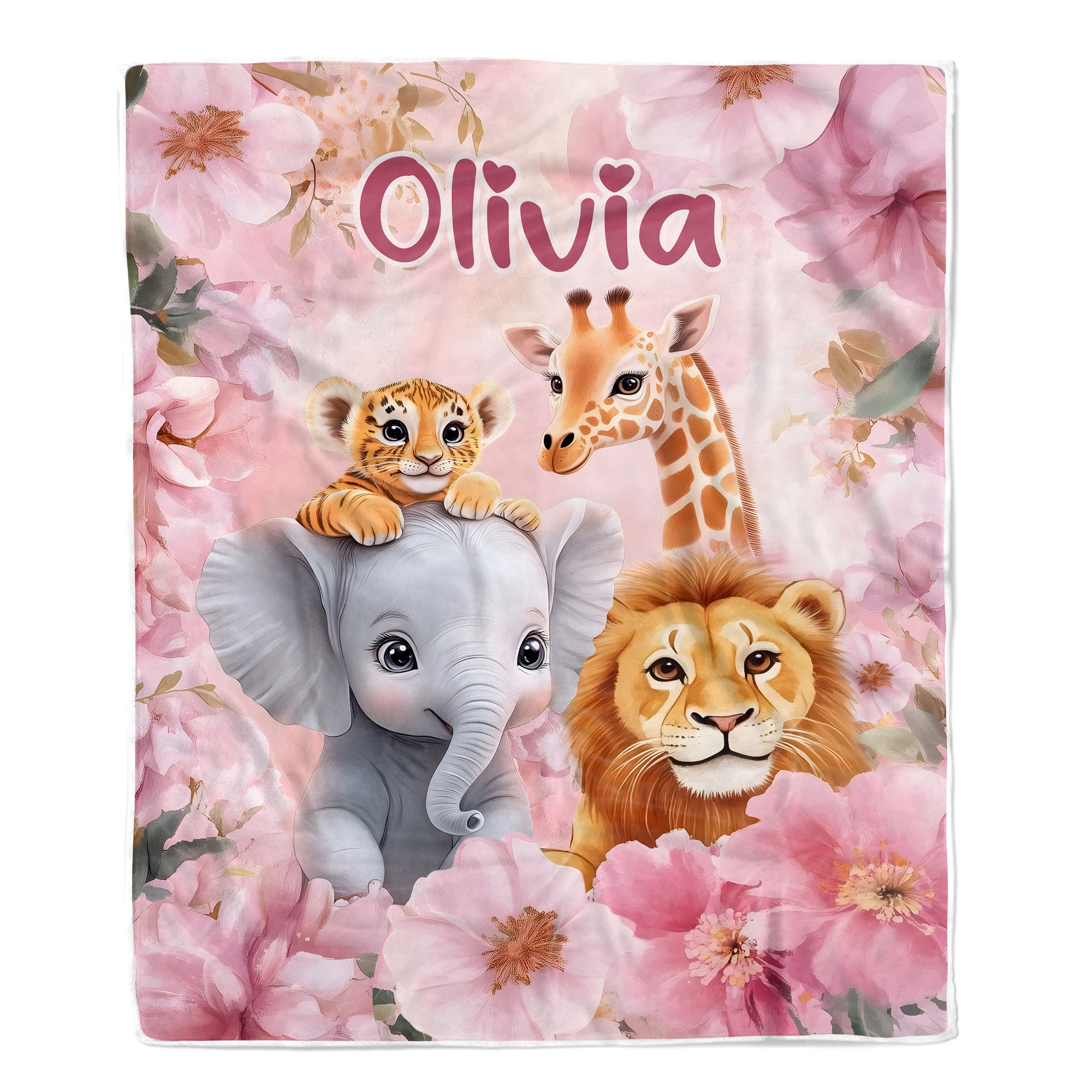 Personalized Cute Animal Baby Blanket With Name For Kids Pink Floral Nursery Decor Brithday Gift Christmas Newborn Bedding Custom Fleece Throw Blanket | siriusteestore