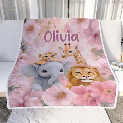 Personalized Cute Animal Baby Blanket With Name For Kids Pink Floral Nursery Decor Brithday Gift Christmas Newborn Bedding Custom Fleece Throw Blanket | siriusteestore