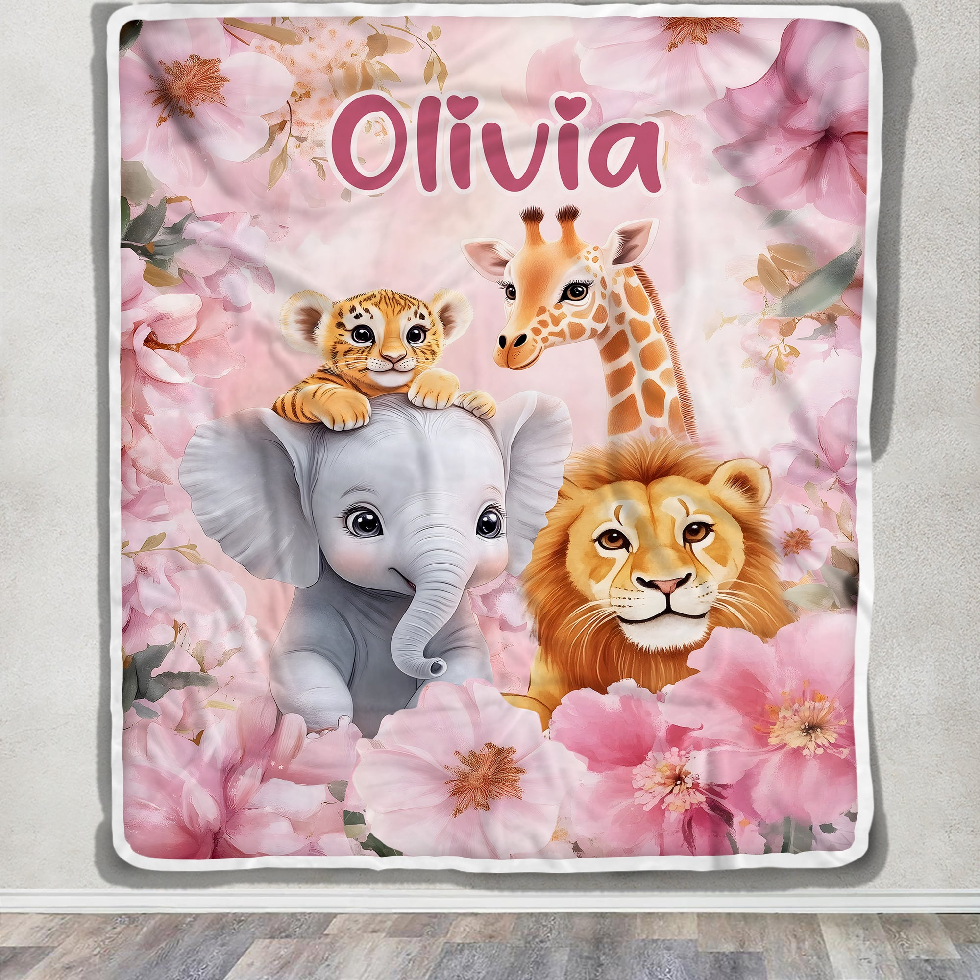 Personalized Cute Animal Baby Blanket With Name For Kids Pink Floral Nursery Decor Brithday Gift Christmas Newborn Bedding Custom Fleece Throw Blanket | siriusteestore