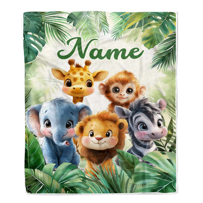 Personalized Cute Safari Animals Baby Shower Blanket Giraffe Elephant Monkey Lion Jungle Theme Bedding Gift Boys For Birthday Christmas Custom Fleece Blanket | siriusteestore