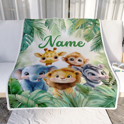 Personalized Cute Safari Animals Baby Shower Blanket Giraffe Elephant Monkey Lion Jungle Theme Bedding Gift Boys For Birthday Christmas Custom Fleece Blanket | siriusteestore