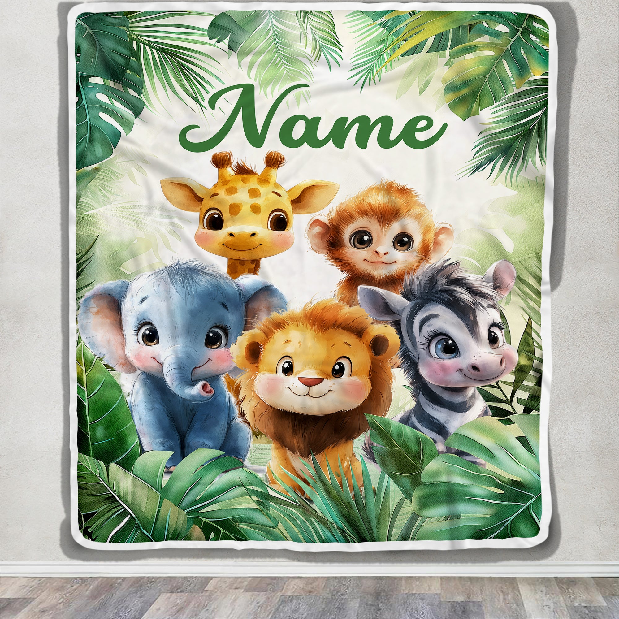 Personalized Cute Safari Animals Baby Shower Blanket Giraffe Elephant Monkey Lion Jungle Theme Bedding Gift Boys For Birthday Christmas Custom Fleece Blanket | siriusteestore