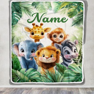 Personalized Cute Safari Animals Baby Shower Blanket Giraffe Elephant Monkey Lion Jungle Theme Bedding Gift Boys For Birthday Christmas Custom Fleece Blanket | siriusteestore