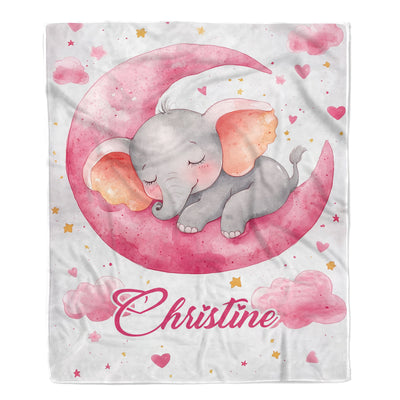 Personalized Cute Sleeping Elephant Baby Shower Blanket Pink Moon Stars Nursery Bedding Gift For Girls Newborn Birthday Christmas Custom Name Fleece Blanket | siriusteestore
