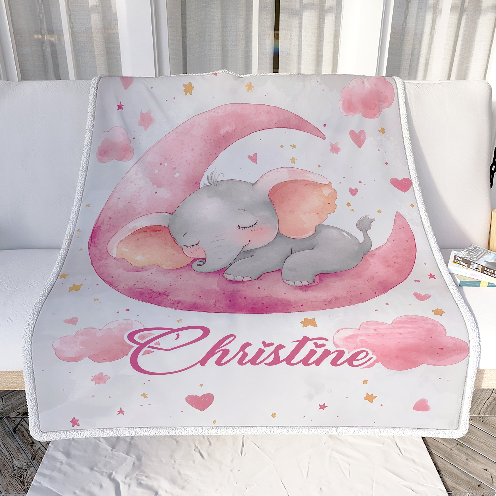 Personalized Cute Sleeping Elephant Baby Shower Blanket Pink Moon Stars Nursery Bedding Gift For Girls Newborn Birthday Christmas Custom Name Fleece Blanket | siriusteestore