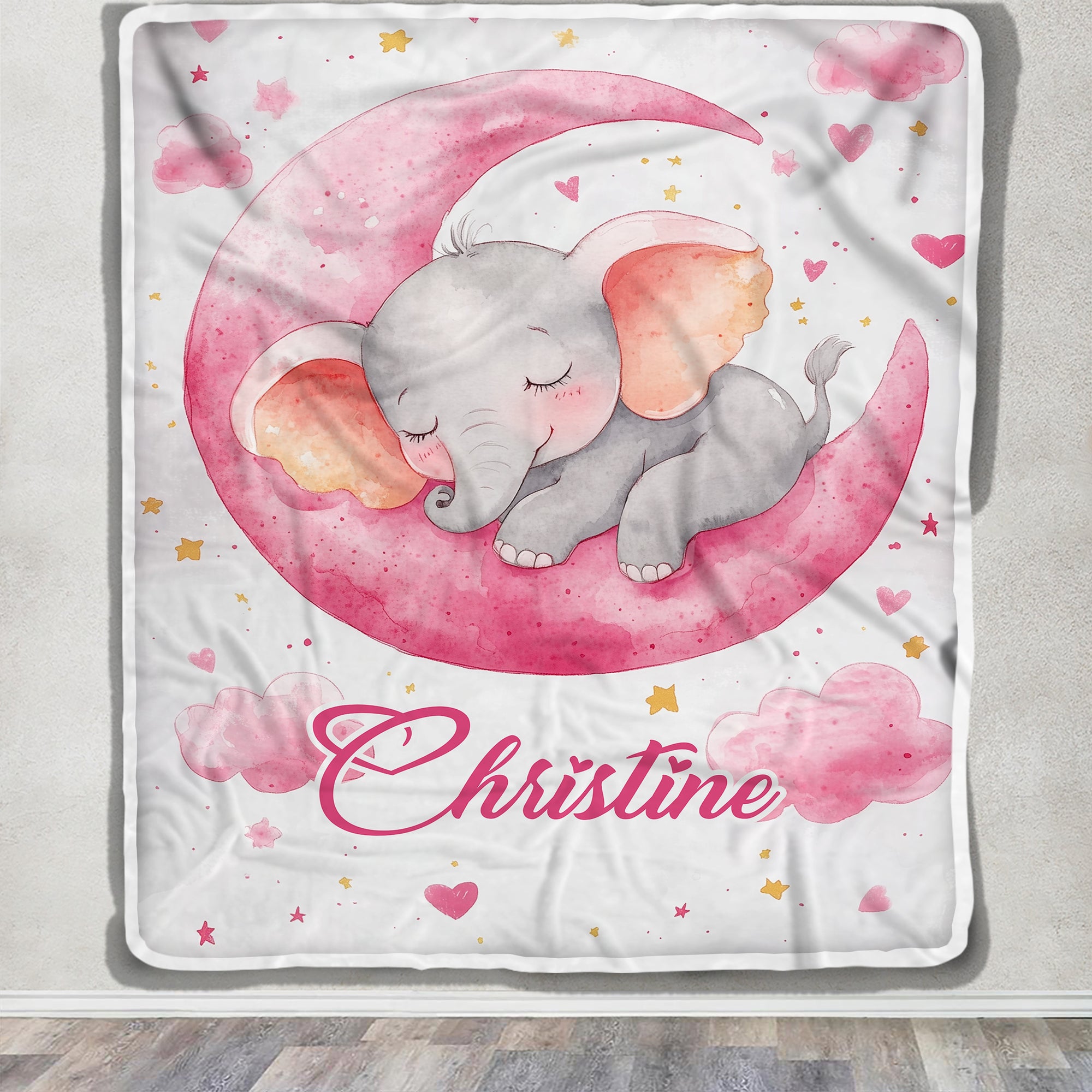 Personalized Cute Sleeping Elephant Baby Shower Blanket Pink Moon Stars Nursery Bedding Gift For Girls Newborn Birthday Christmas Custom Name Fleece Blanket | siriusteestore