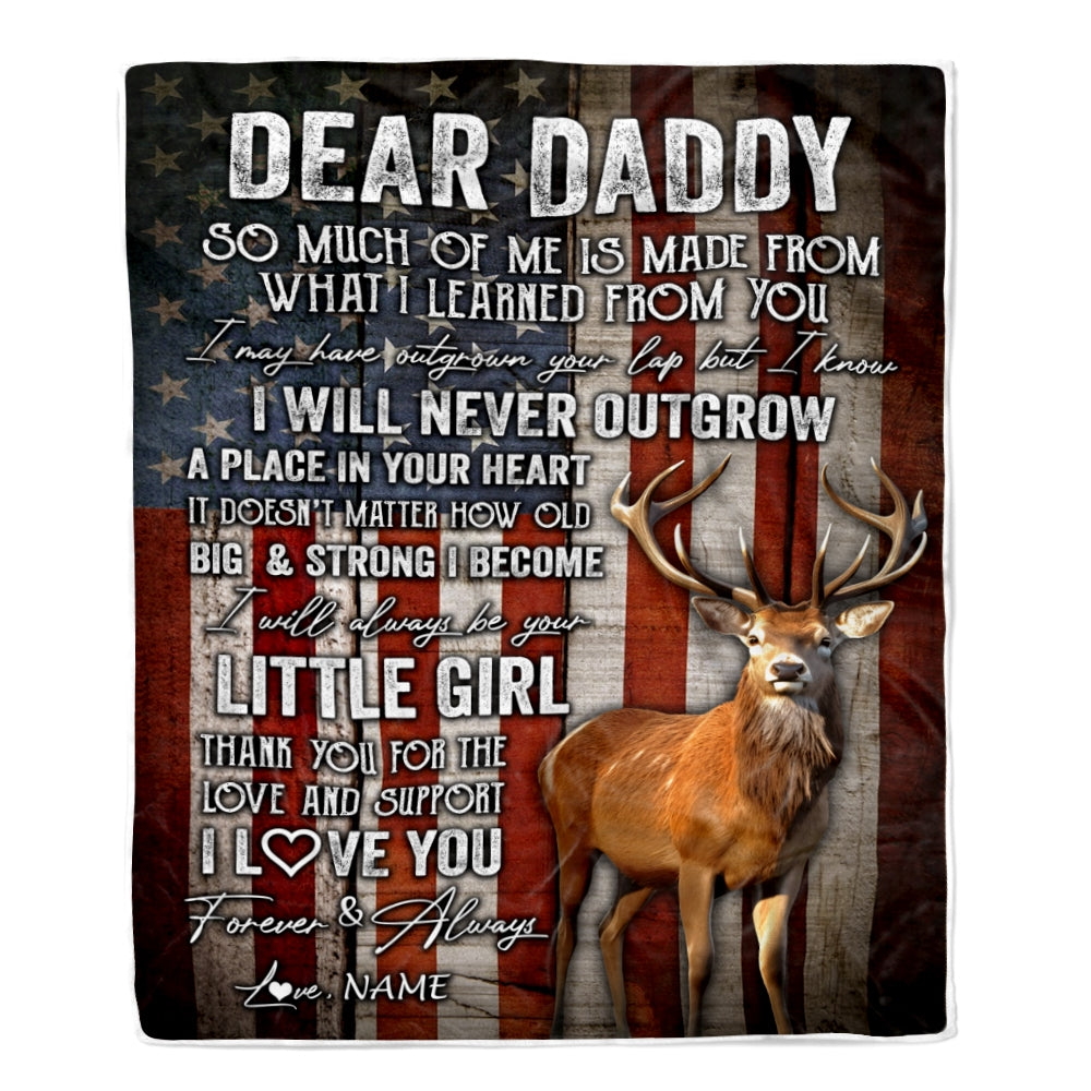 Personalized Dear Daddy Blanket from Daughter Little Girl USA Flag Thank You I Love You Dad Deer Father's Day Birthday Christmas Customized Fleece Blanket | siriusteestore