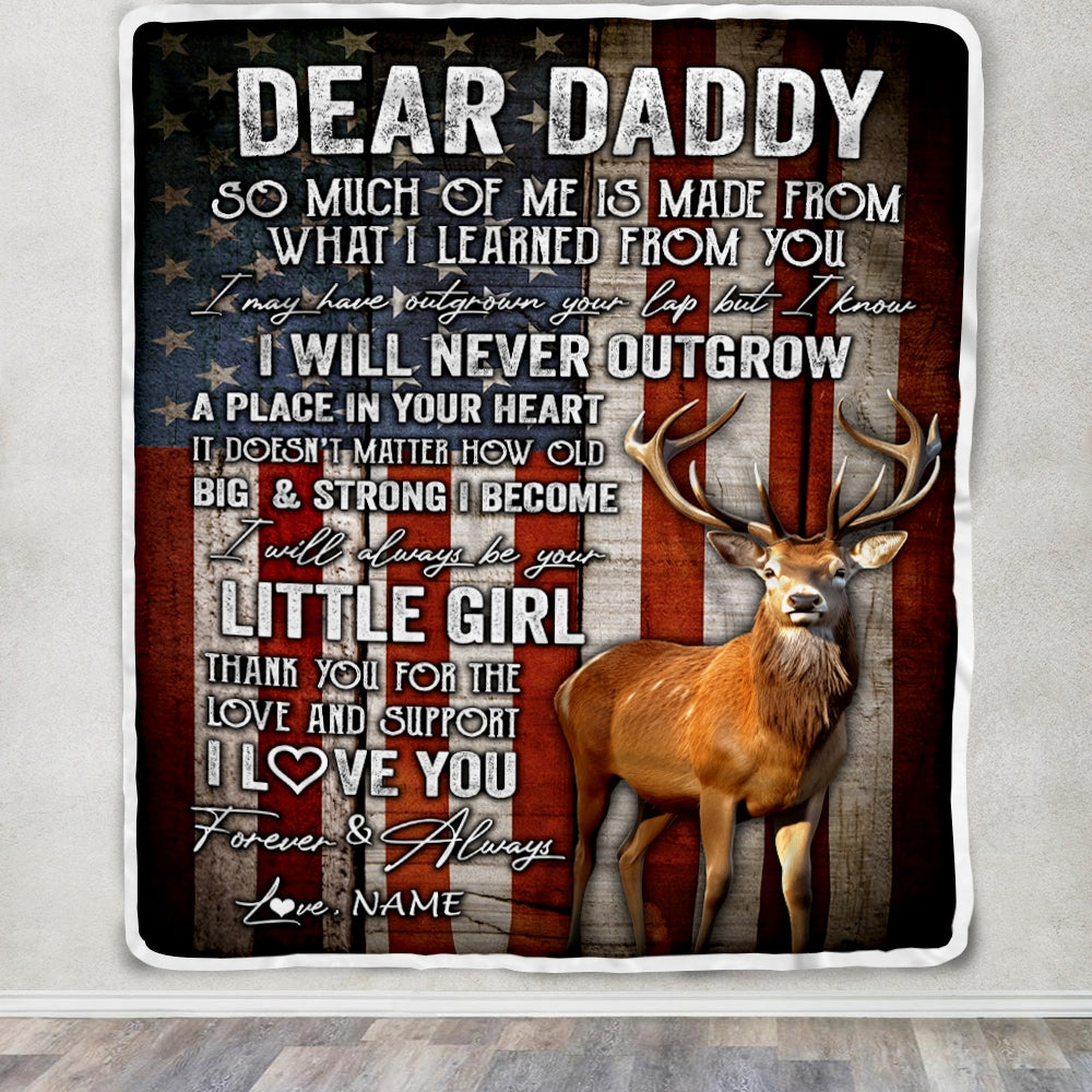 Personalized Dear Daddy Blanket from Daughter Little Girl USA Flag Thank You I Love You Dad Deer Father's Day Birthday Christmas Customized Fleece Blanket | siriusteestore