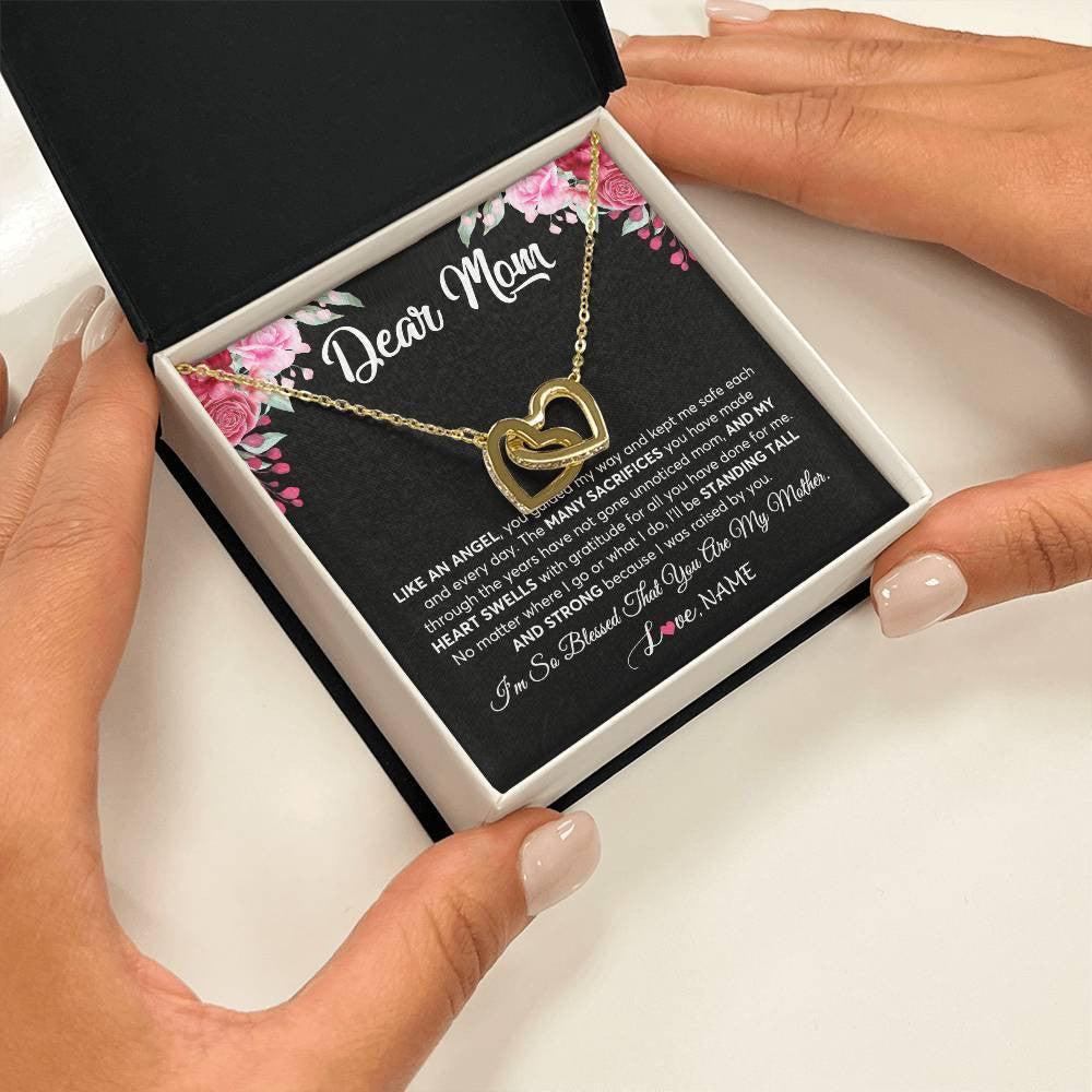 Interlocking Hearts Necklace 18K Yellow Gold Finish | 2 | Personalized Dear Mom Necklace From Daughter Son Like An Angel Mom Mothers Day Women Birthday Thanksgiving Christmas Jewelry Customized Gift Box Message Card | siriusteestore