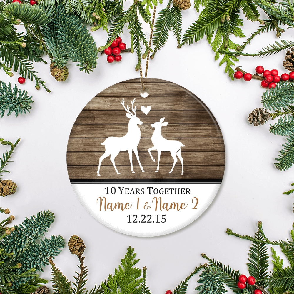 Personalized Deer Couple Anniversary 1st 5th 10th 20th Christmas Ornament Rustic Keepsake for Husband Wife with Names Date Customized Christmas Tree Ornament | siriusteestore