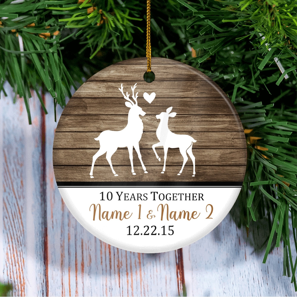 Personalized Deer Couple Anniversary 1st 5th 10th 20th Christmas Ornament Rustic Keepsake for Husband Wife with Names Date Customized Christmas Tree Ornament | siriusteestore