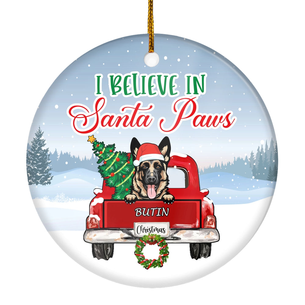 Personalized Dog Ornament Christmas Red Car I Believe In Santa Paws Pet Custom Gift For Dog Lovers Customized Christmas Tree Ornament | siriusteestore
