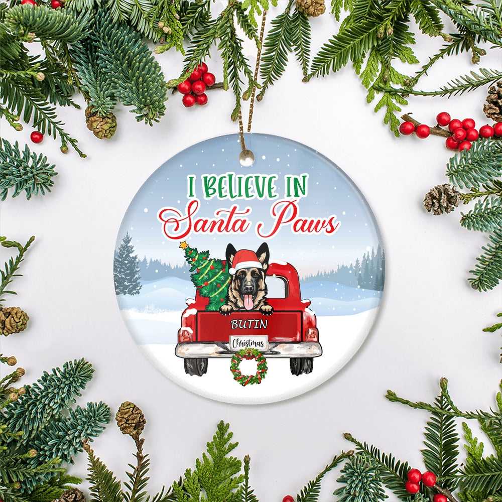 Personalized Dog Ornament Christmas Red Car I Believe In Santa Paws Pet Custom Gift For Dog Lovers Customized Christmas Tree Ornament | siriusteestore