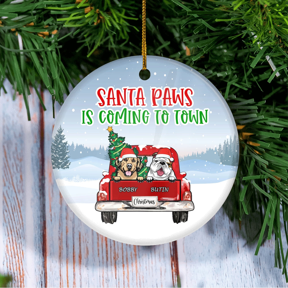 Personalized Dog Ornament Christmas Red Car Santa Is Coming To Town Pet Custom Gift for Dog Lovers Customized Christmas Tree Ornament | siriusteestore