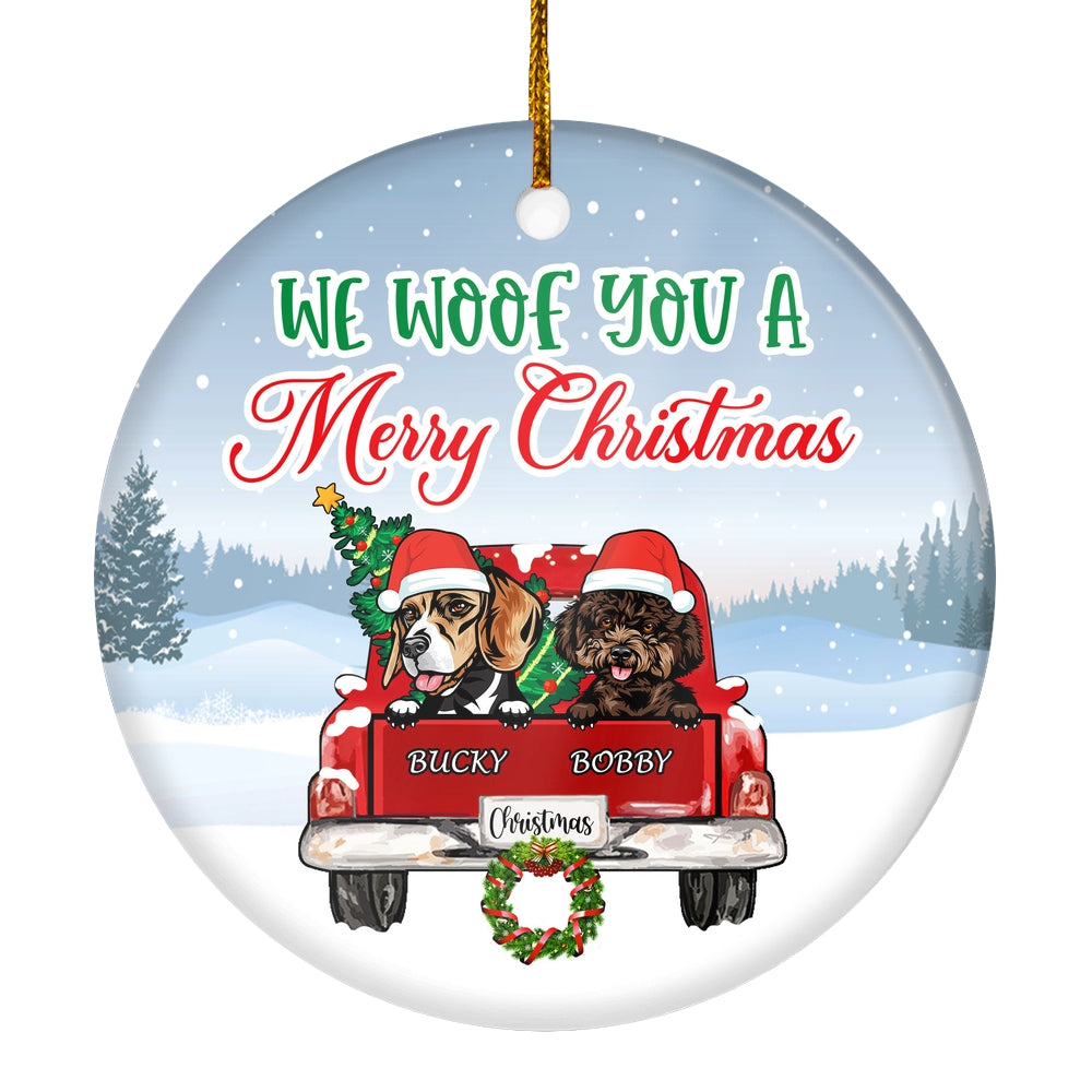 Personalized Dog Ornament Red Car We Woof You A Merry Christmas Pet Custom Gift For Dog Lovers Customized Christmas Tree Ornament | siriusteestore