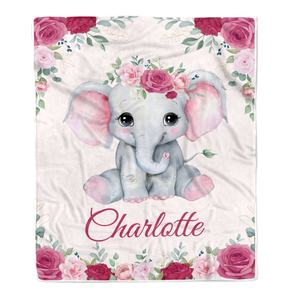Personalized Elephant Baby Girl Blanket Custom Name Newborn Floral Girl Daughter Niece Granddaughter Birthday Christmas Customized Bed Fleece Throw Blanket | siriusteestore