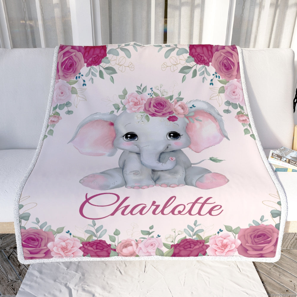 Personalized Elephant Baby Girl Blanket Custom Name Newborn Floral Girl Daughter Niece Granddaughter Birthday Christmas Customized Bed Fleece Throw Blanket | siriusteestore