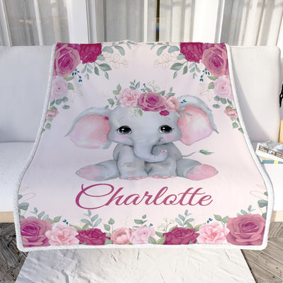 Personalized Elephant Baby Girl Blanket Custom Name Newborn Floral Girl Daughter Niece Granddaughter Birthday Christmas Customized Bed Fleece Throw Blanket | siriusteestore