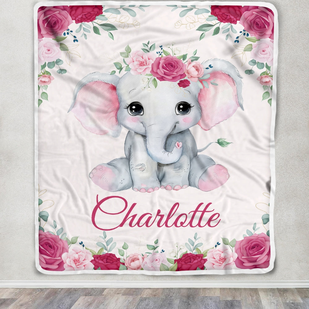 Personalized Elephant Baby Girl Blanket Custom Name Newborn Floral Girl Daughter Niece Granddaughter Birthday Christmas Customized Bed Fleece Throw Blanket | siriusteestore