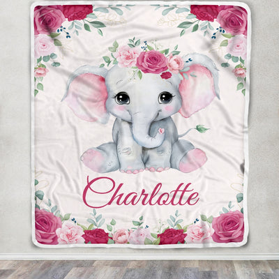 Personalized Elephant Baby Girl Blanket Custom Name Newborn Floral Girl Daughter Niece Granddaughter Birthday Christmas Customized Bed Fleece Throw Blanket | siriusteestore