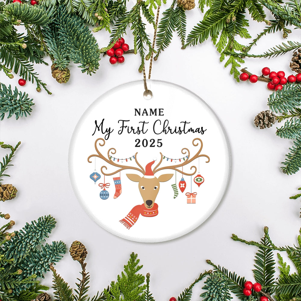 Personalized First Christmas Baby Ornament Custom Baby's Name Cute Deer First Christmas Baby (02) Customized Christmas Tree Ornament | siriusteestore