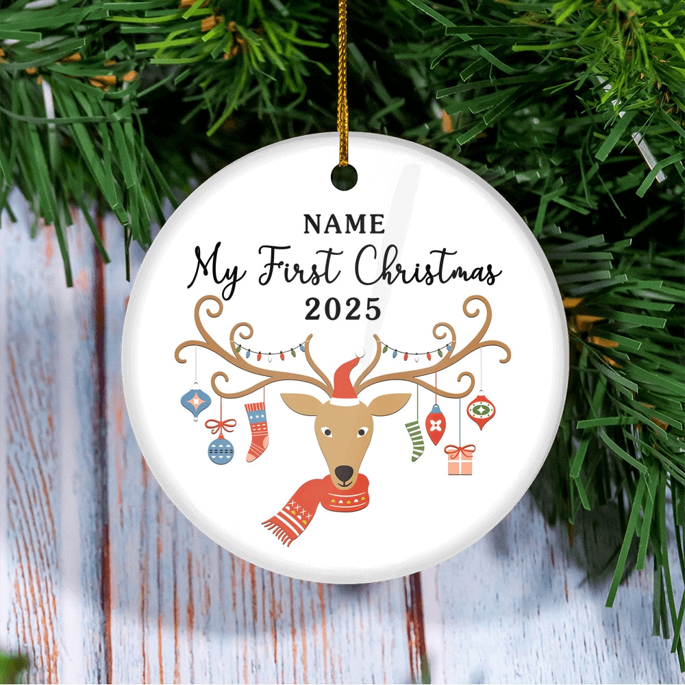 Personalized First Christmas Baby Ornament Custom Baby's Name Cute Deer First Christmas Baby (02) Customized Christmas Tree Ornament | siriusteestore