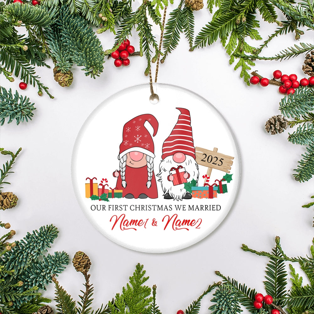 Personalized First Christmas We Married Ornament 2025 Funny Gifts Couple Gnome Christmas Family Holiday Customized Christmas Tree Ornament | siriusteestore