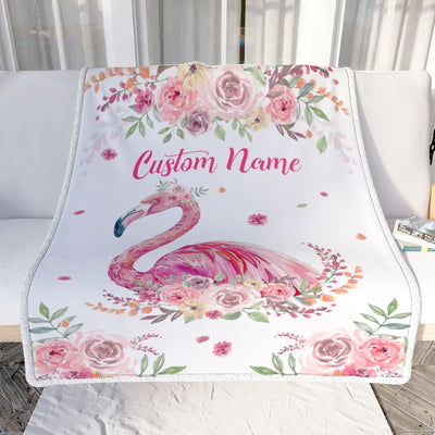 Personalized Flamingo Blanket Custom With Name Floral Flower Newborn Baby Girl Flamingo Daughter Granddaughter Niece Birthday Christmas Fleece Throw Blanket | siriusteestore