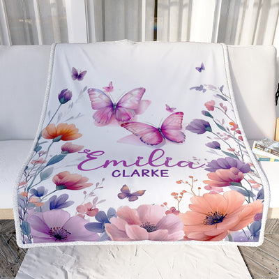 Personalized Floral Baby Blanket For Girls Custom Name Flowers Butterflies Nursery Decor Gift For Babies Shower Toddler Newborn Christmas Fleece Throw Blanket | siriusteestore