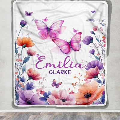 Personalized Floral Baby Blanket For Girls Custom Name Flowers Butterflies Nursery Decor Gift For Babies Shower Toddler Newborn Christmas Fleece Throw Blanket | siriusteestore
