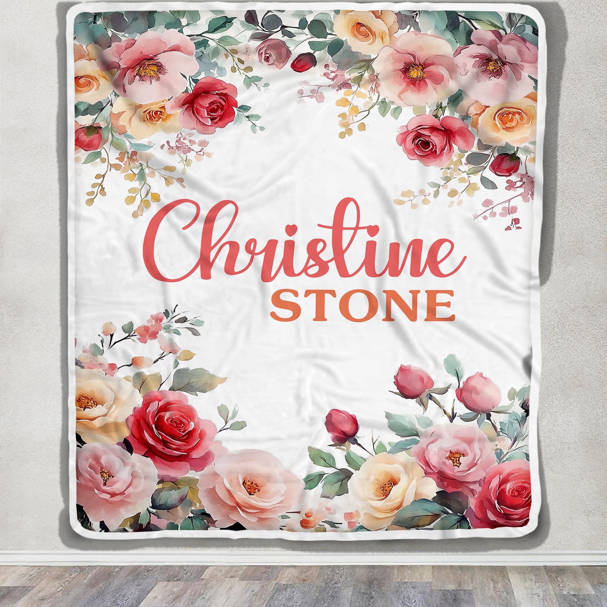 Personalized Floral Baby Blanket For Girls Custom Name Roses Flowers Nursery Bedding Gift Babies Shower Toddler Newborn Birthday Christmas Fleece Throw Blanket | siriusteestore