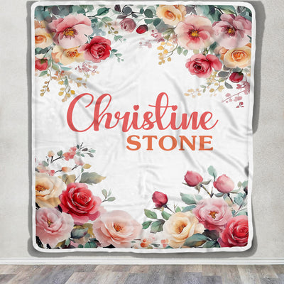 Personalized Floral Baby Blanket For Girls Custom Name Roses Flowers Nursery Bedding Gift Babies Shower Toddler Newborn Birthday Christmas Fleece Throw Blanket | siriusteestore