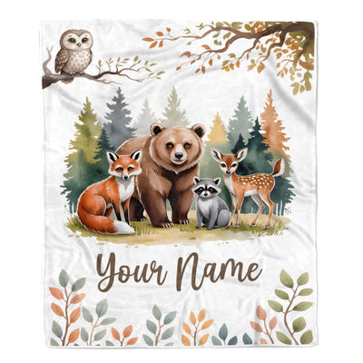 Personalized Forest Animals Baby Blanket With Custom Name Bear Fox Deer Raccoon Woodland Nursery Theme Bedding Gift For Boys Birthday Christmas Fleece Blanket | siriusteestore