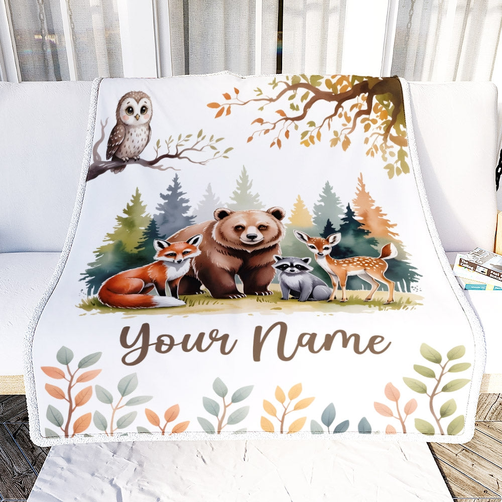 Personalized Forest Animals Baby Blanket With Custom Name Bear Fox Deer Raccoon Woodland Nursery Theme Bedding Gift For Boys Birthday Christmas Fleece Blanket | siriusteestore