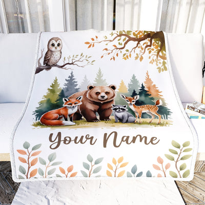 Personalized Forest Animals Baby Blanket With Custom Name Bear Fox Deer Raccoon Woodland Nursery Theme Bedding Gift For Boys Birthday Christmas Fleece Blanket | siriusteestore