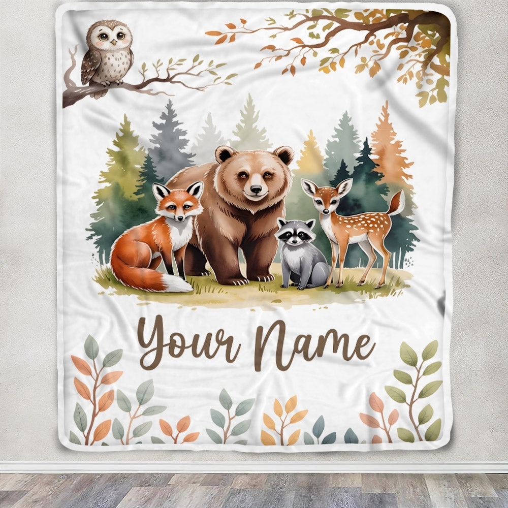 Personalized Forest Animals Baby Blanket With Custom Name Bear Fox Deer Raccoon Woodland Nursery Theme Bedding Gift For Boys Birthday Christmas Fleece Blanket | siriusteestore