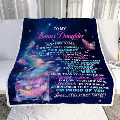 Personalized Gift For My Bonus Daughter From Stepmom Blanket Birthday Present Butterfly I Love You Letter To My Stepdaughter Gifts Christmas Fleece Blanket | siriusteestore