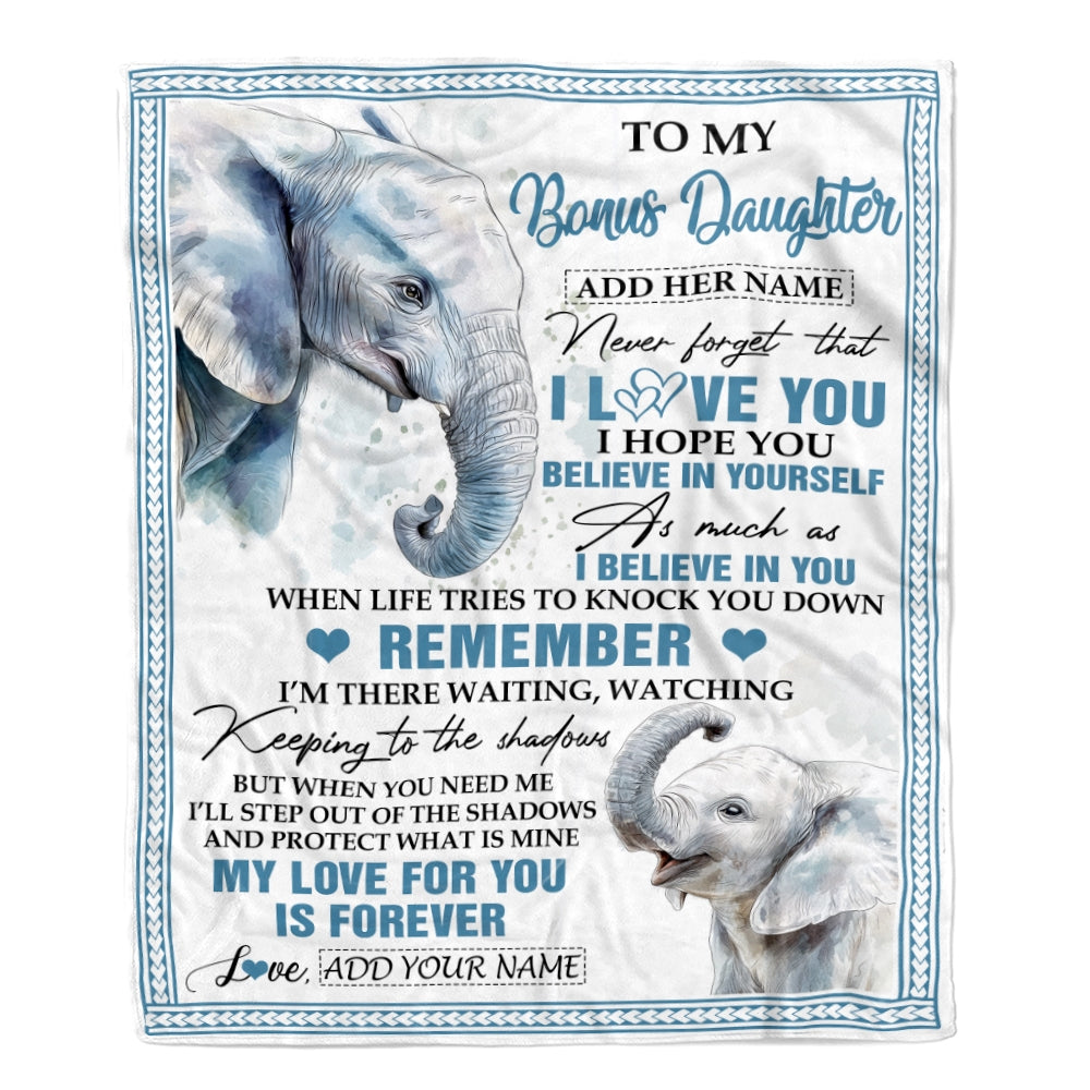 Personalized Gifts For Bonus Daughter Blanket From Stepmother Dad Elephant My Love For You Is Forever Stepdaughter Birthday Gifts Christmas Fleece Blanket | siriusteestore
