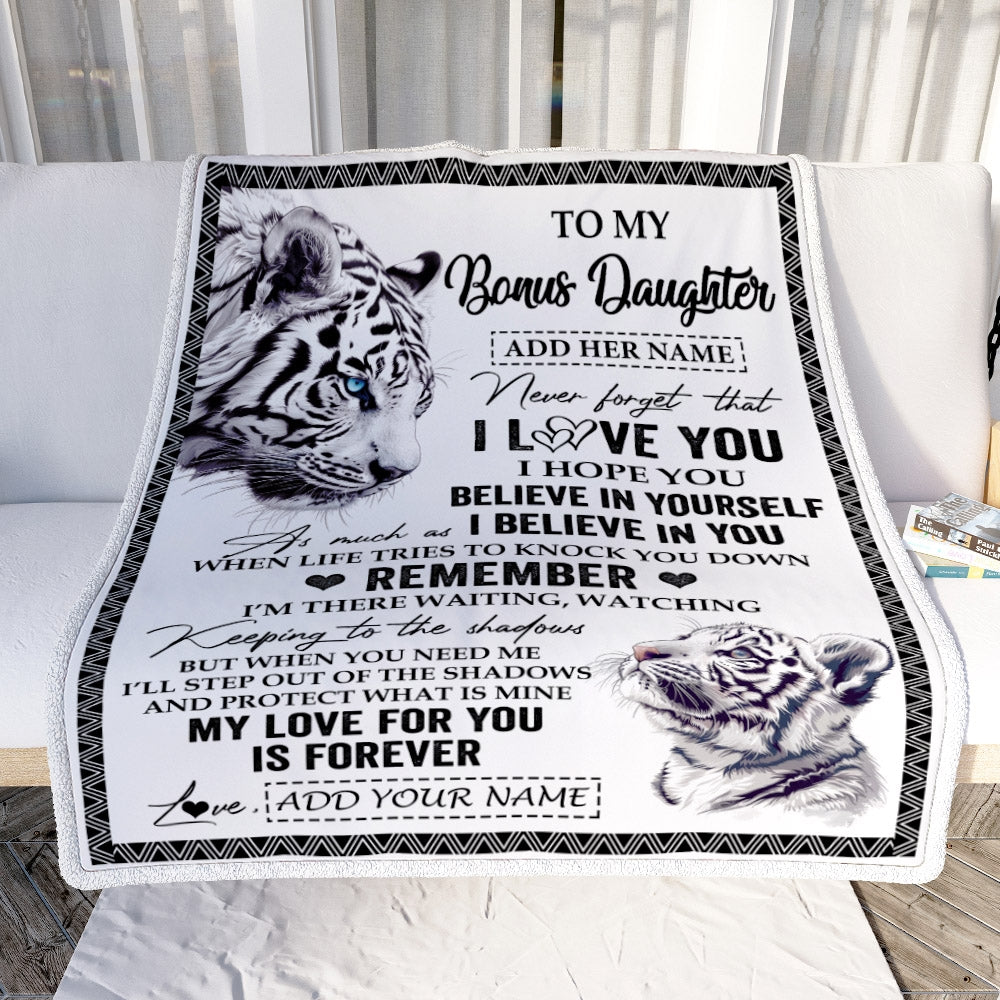 Personalized Gifts For Bonus Daughter Blanket From Stepmother Dad White Tiger My Love For You Is Forever Stepdaughter Birthday Gifts Christmas Fleece Blanket | siriusteestore