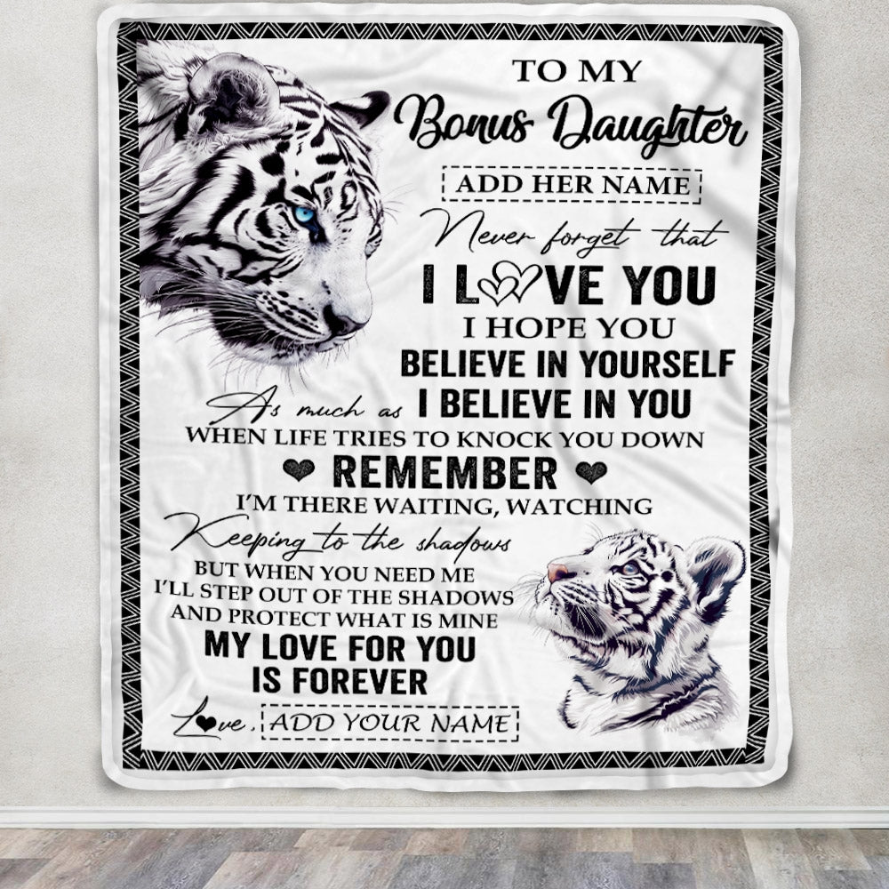 Personalized Gifts For Bonus Daughter Blanket From Stepmother Dad White Tiger My Love For You Is Forever Stepdaughter Birthday Gifts Christmas Fleece Blanket | siriusteestore